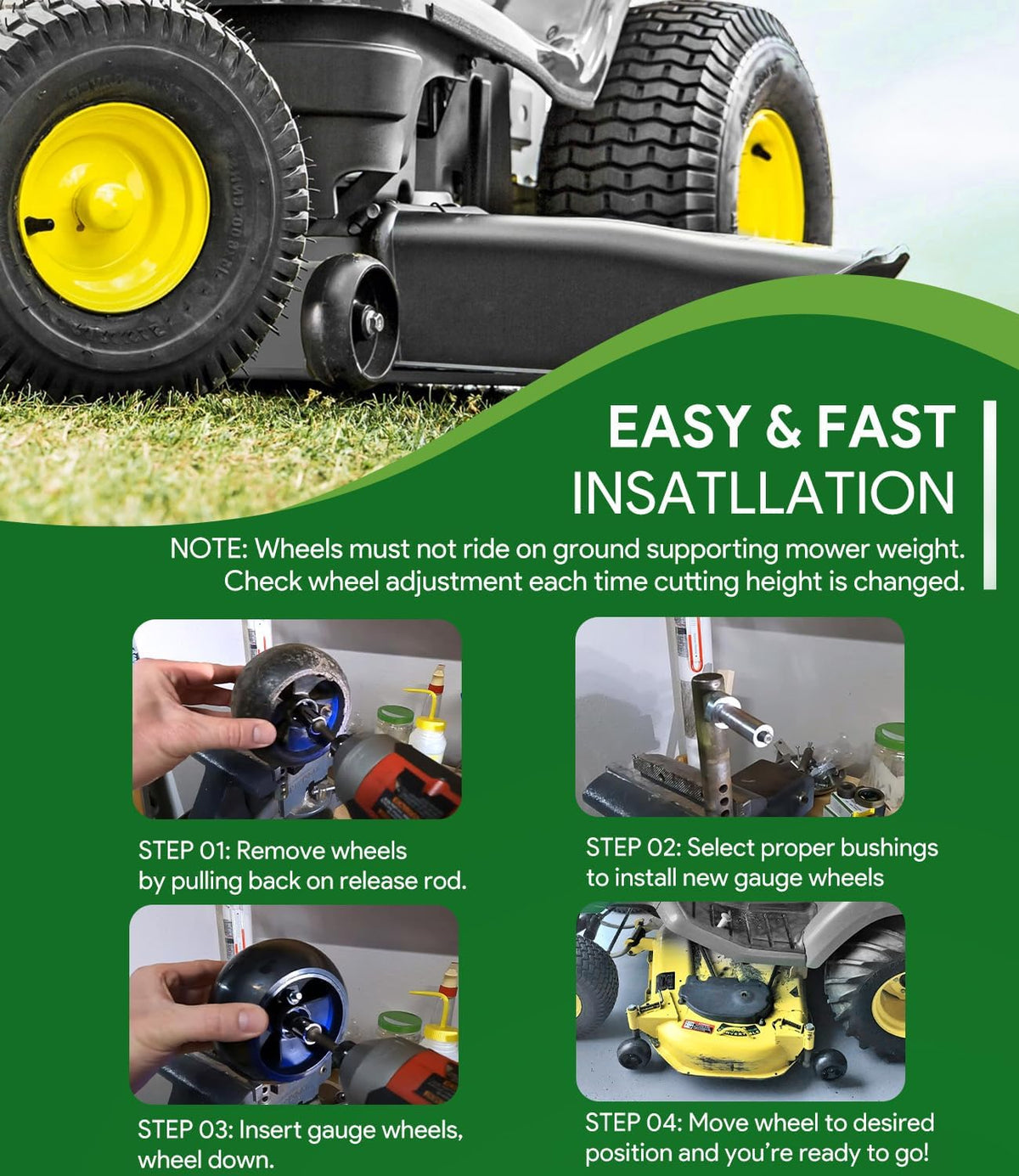 4 Pack AM125172 Plastic Deck Gauge Wheel Kit Compatible with John Deere 48", 54", 60", 62“, 72" Deck Lawn Tractor Mowers Wheel Kit, AM124706, 210-300