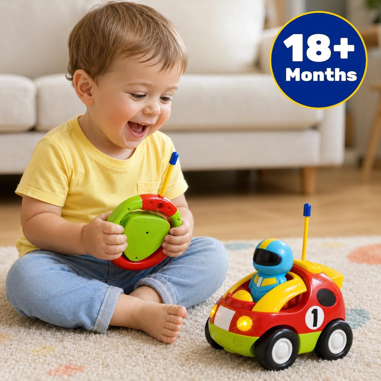 My First Cartoon RC Remote Control Cars for Toddlers Ages 1-3, Radio Control Toy for Baby, Kids 18 Months+ (Race Car)