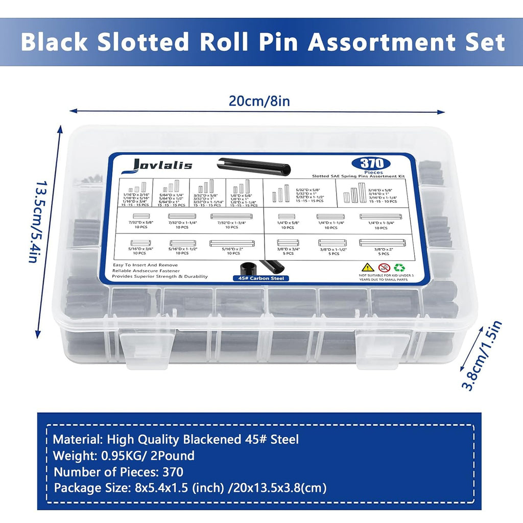 SAE Roll Pin Set, 370 Pcs Roll pin Assortment, Slotted Spring Pins