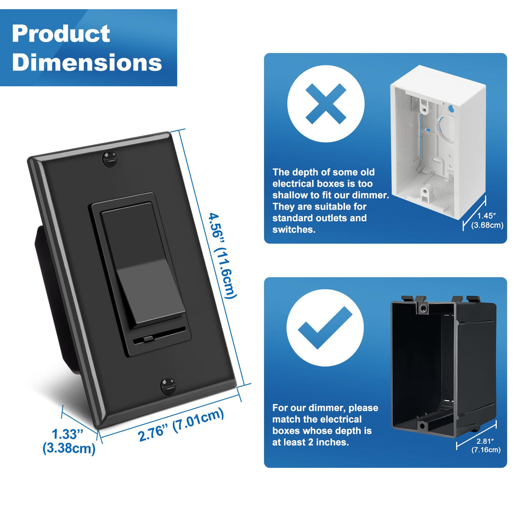 BESTTEN 2PK Dimmer Light Switch, Single Pole or 3-Way, Wallplate Included