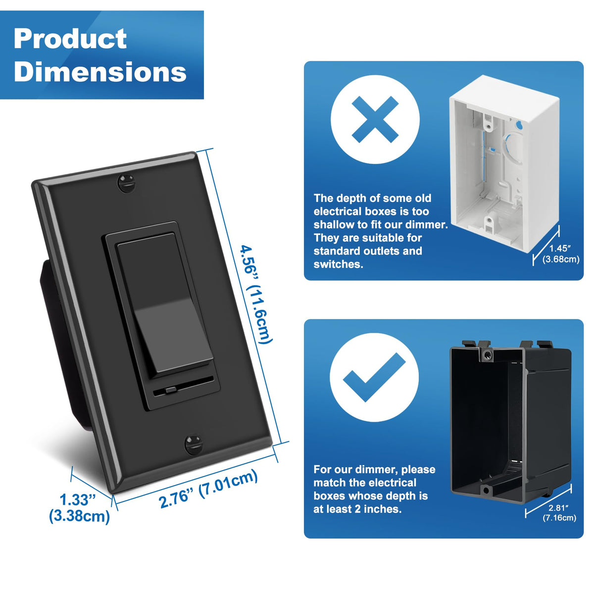 BESTTEN 2PK Dimmer Light Switch, Single Pole or 3-Way, Wallplate Included
