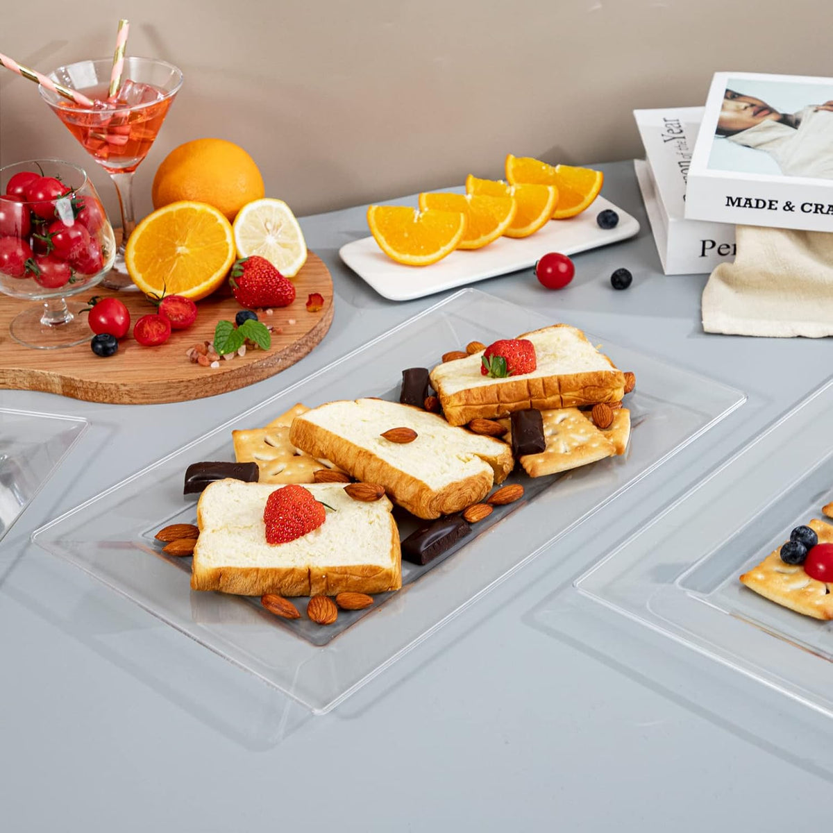 12 Pack Plastic Serving Trays, Heavy Duty Clear Plastic Serving Platters 13”×8” Rectangle Disposable Serving Platters