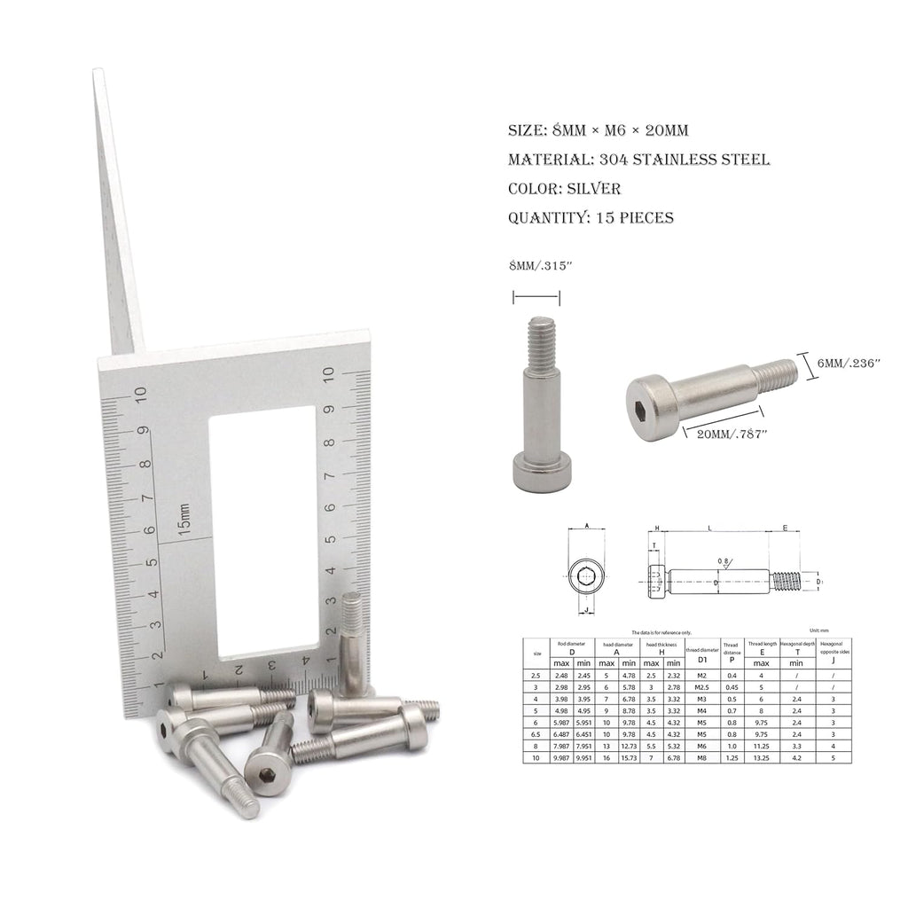 15pcs Hex Socket Shoulder Bolt, 8mm x M6 x 20mm Hex Socket Shoulder Bolt, 304 Stainless Steel (Silvery)