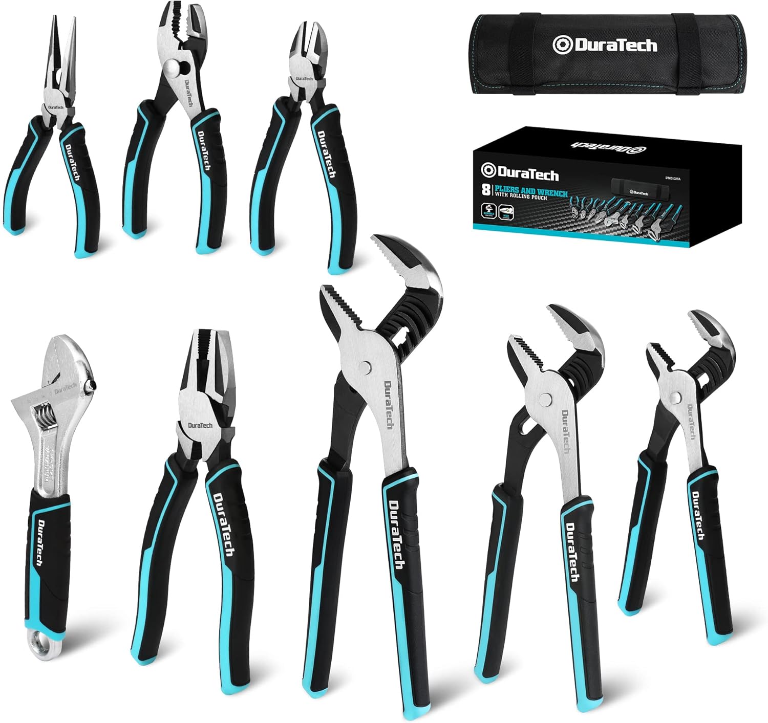8-Piece Pliers Set with Rolling Pouch, Premium Cr-V/Cr-Ni Construction, (12", 10", 8" Groove Joint Pliers, 8"