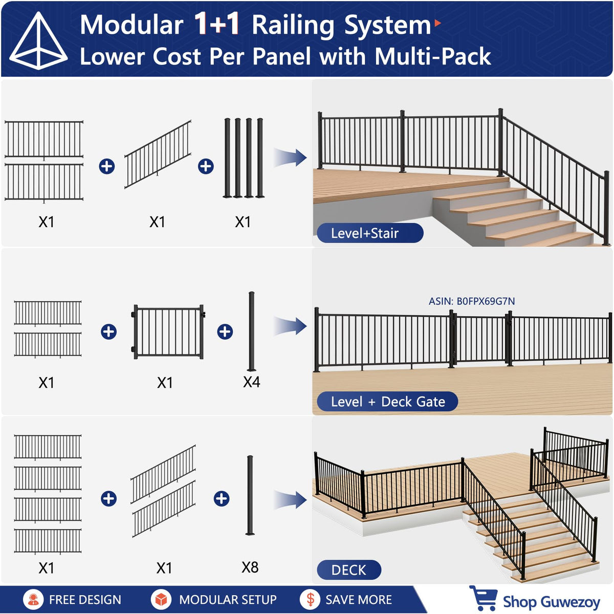4 Pack 36 in H x 8 ft W Modular Aluminum Deck Railing Kit(4 Pannel)