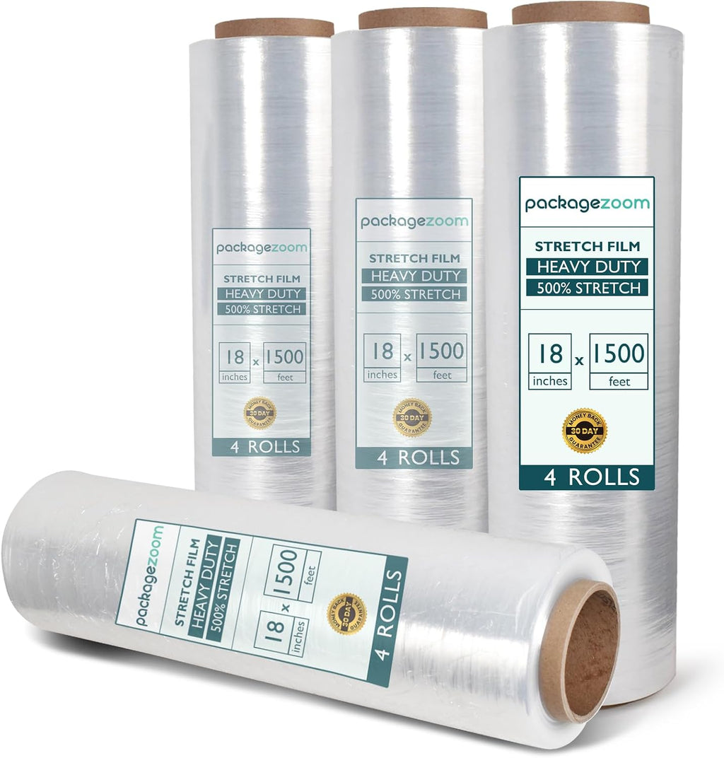 4 Rolls Clear Stretch Wrap Film 18” x 1500 feet Plastic Wrap for Moving, Packing, Shipping & Storage Heavy Duty