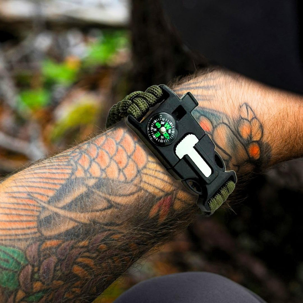 Paracord Rope Bracelet w/Fire Starter, Survival Whistle & Compass - Black & Green - Survival Gear for Camping