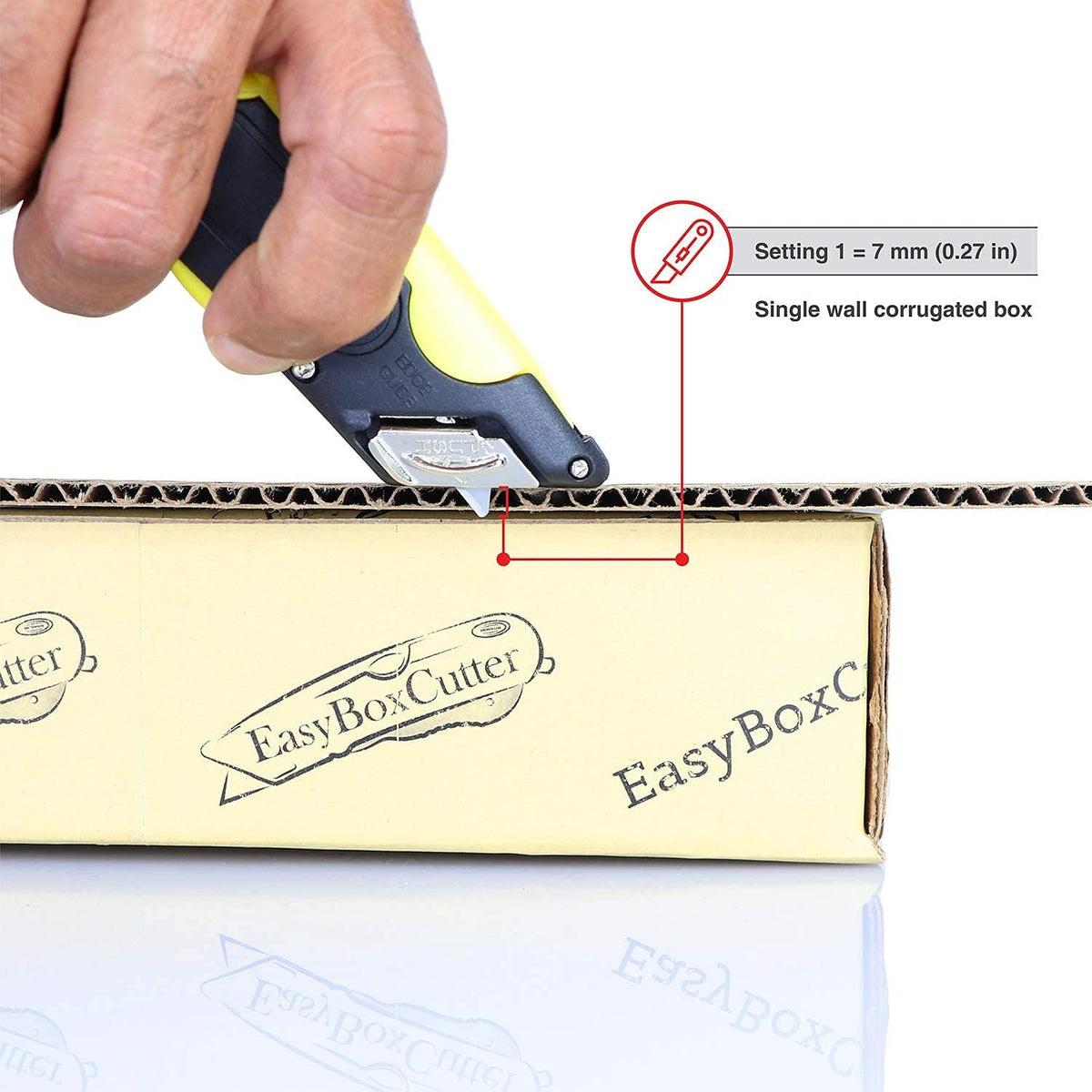 Modern Box Cutter, extra tape cutter at back, dual side edge guide, 3 blade depth setting, 2 blades and holster