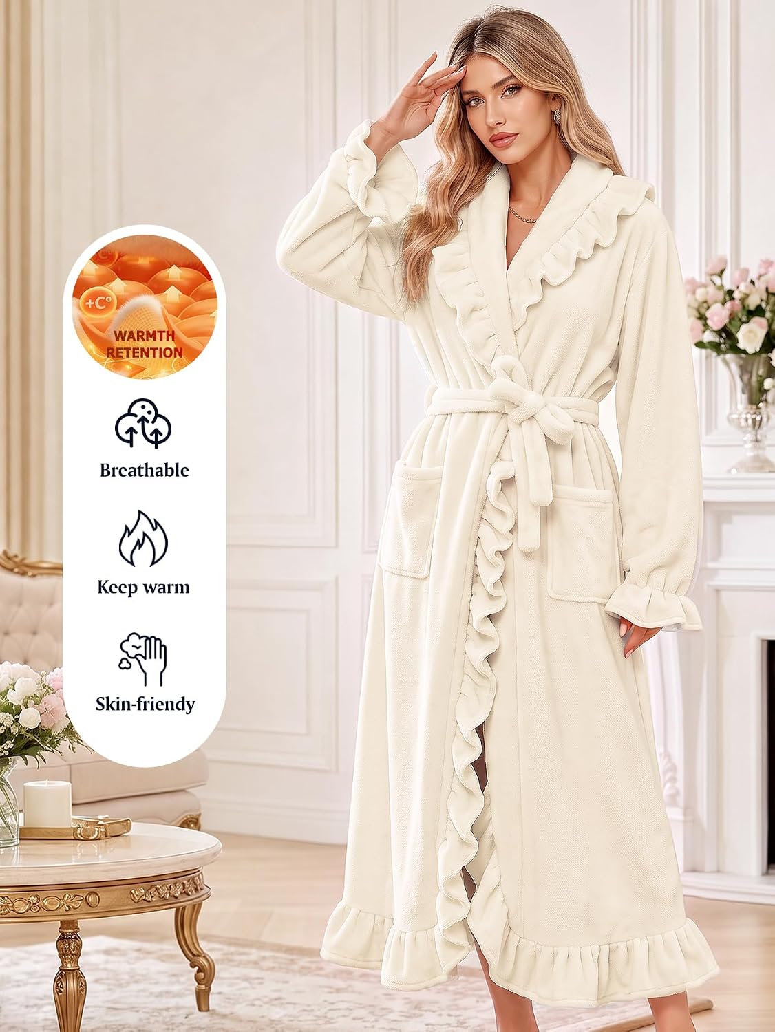 Womens Fluffy Robe Ruffle Plush Fuzzy Long Bathrobes