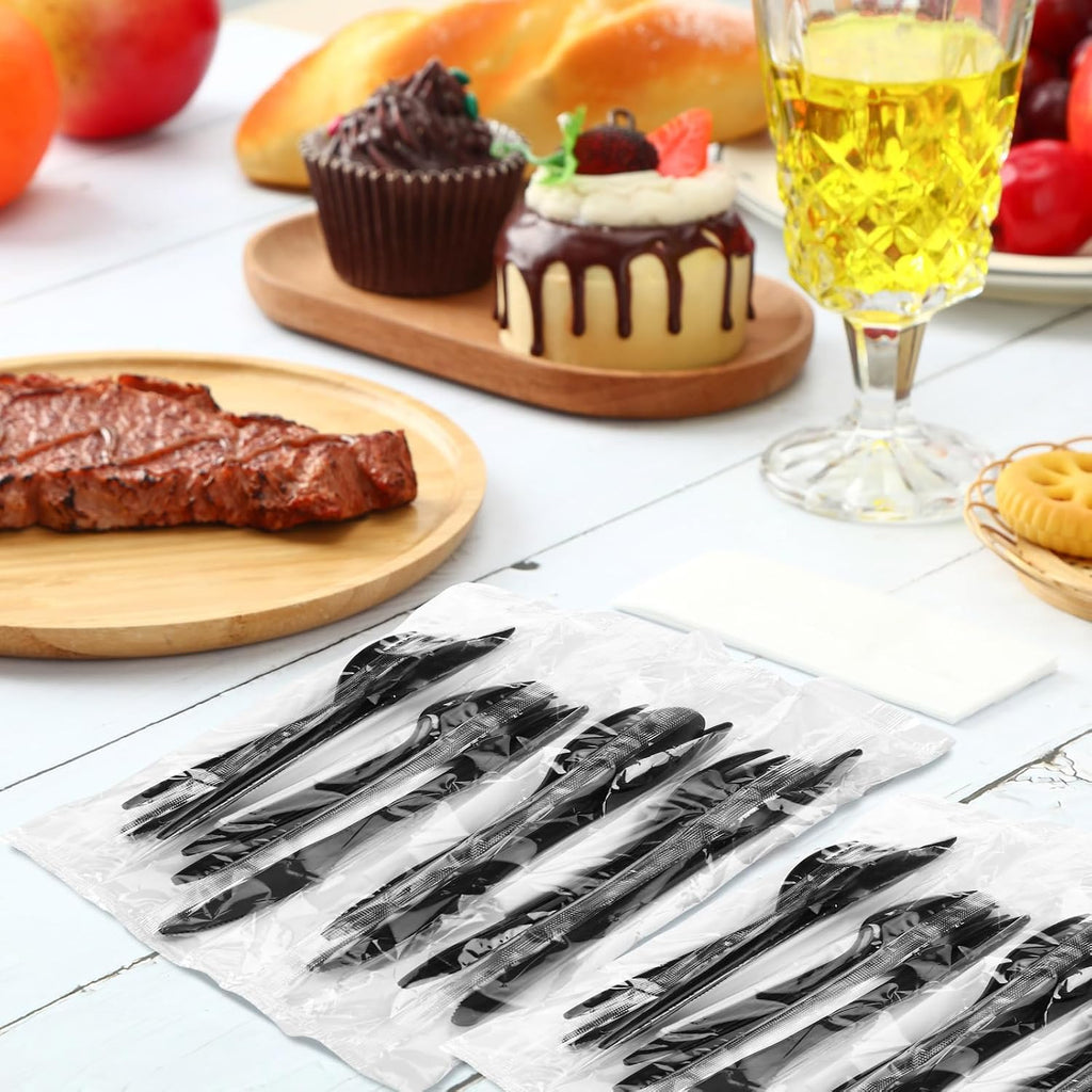 100 Set Plastic Silverware Knife Fork Spoon Napkin, Black