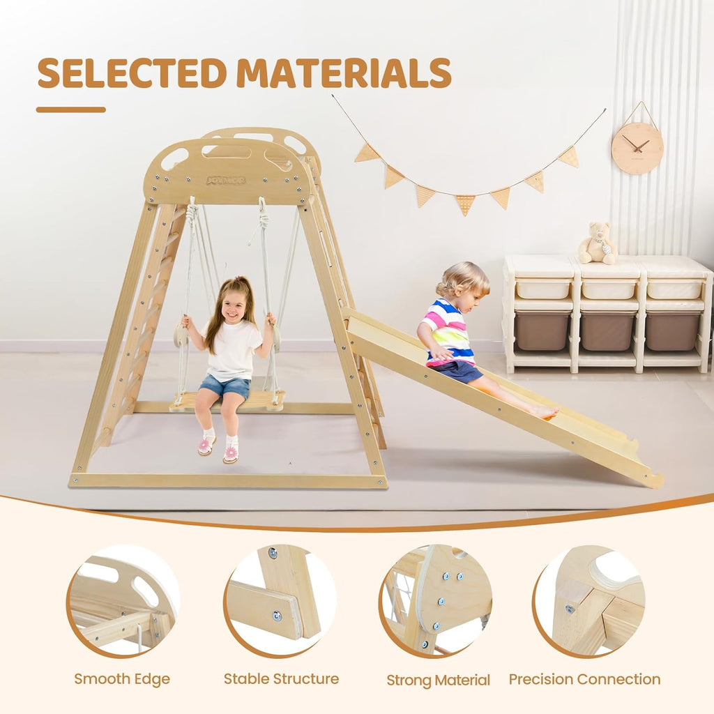 8-in-1 Indoor Jungle Gym for Kids and Toddlers with Hanging-Bridge and Swing, Wooden Indoor Playground with Slide