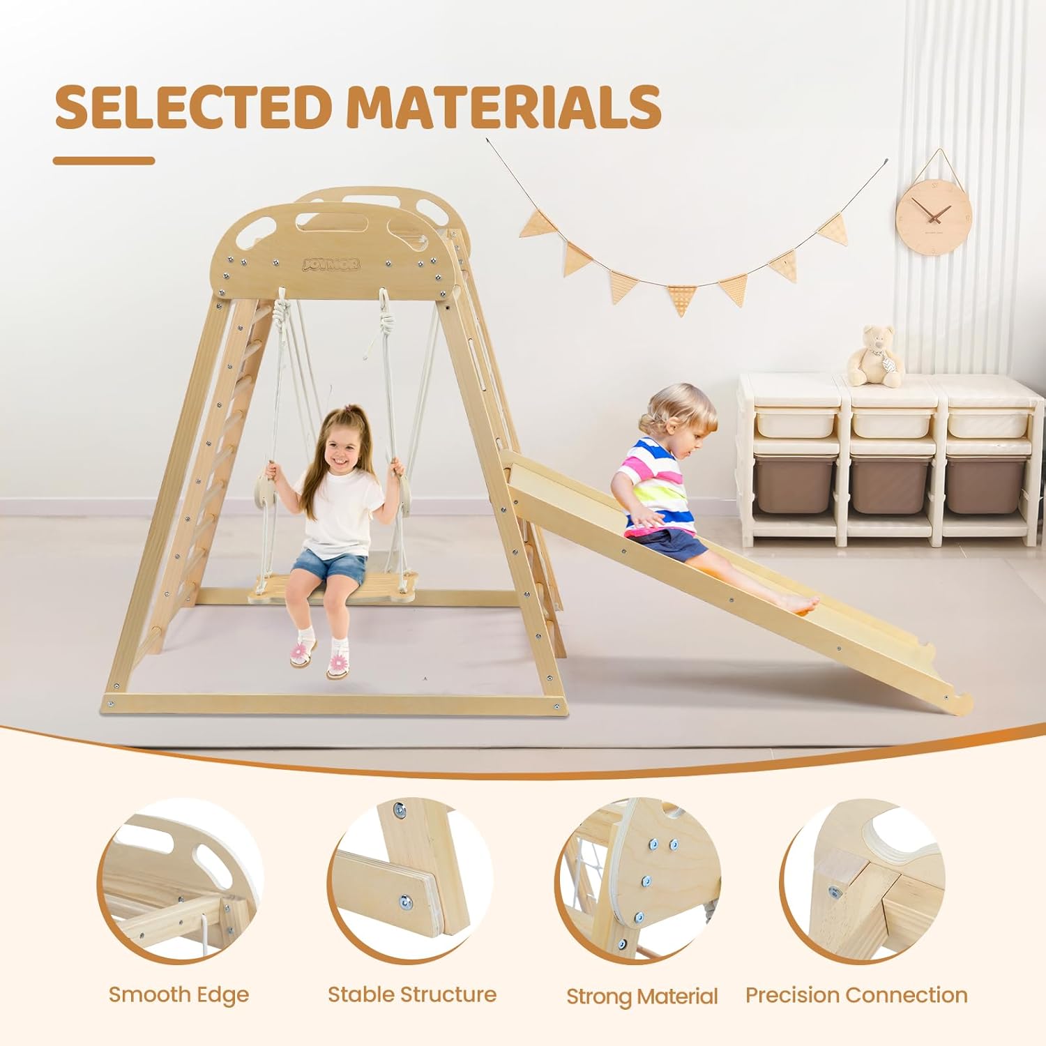 8-in-1 Indoor Jungle Gym for Kids and Toddlers with Hanging-Bridge and Swing, Wooden Indoor Playground with Slide