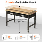 48" Adjustable Work Bench with Drawers, Workbench for Garage with Strip Light, Work Table with Large Pegboard, 2000