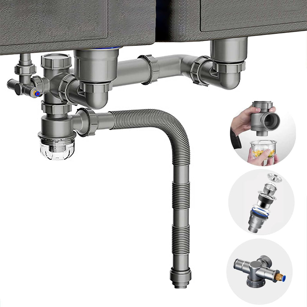 Double Sink Drain Kit Space Saving Kitchen Sink Drain Kit Expandable Flexible 1 1/2" P-Trap Pipe 3-1/2 Inch Sink