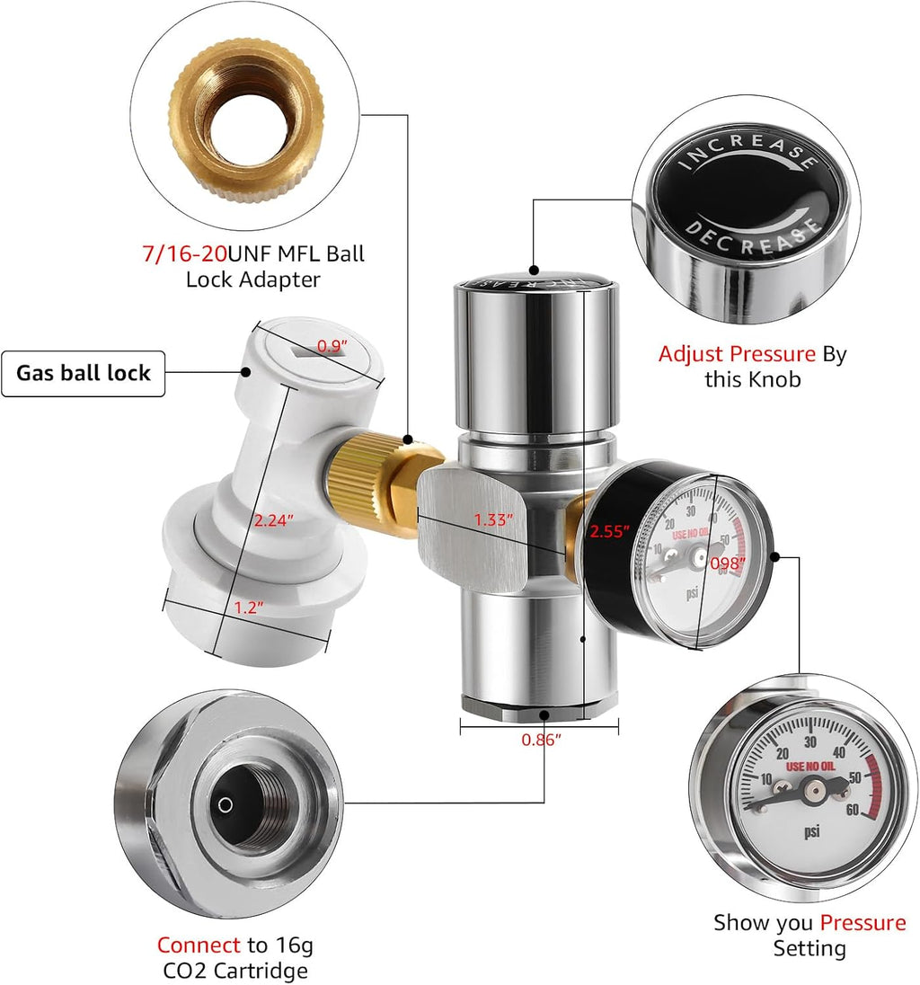 Mini Keg Co2 Regulator 0-60 PSI Portable Corny Keg Regulator | No Leakage, 16g Co2 Cartridge Compatible, Ball Lock