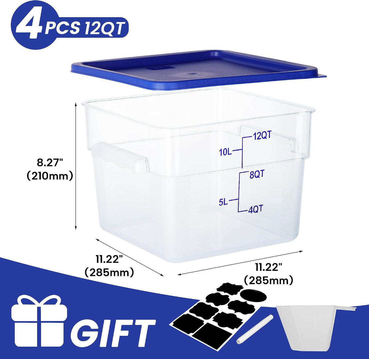 4 Pack 12 Qt Square Food Storage Containers with Lids, NSF, Clear