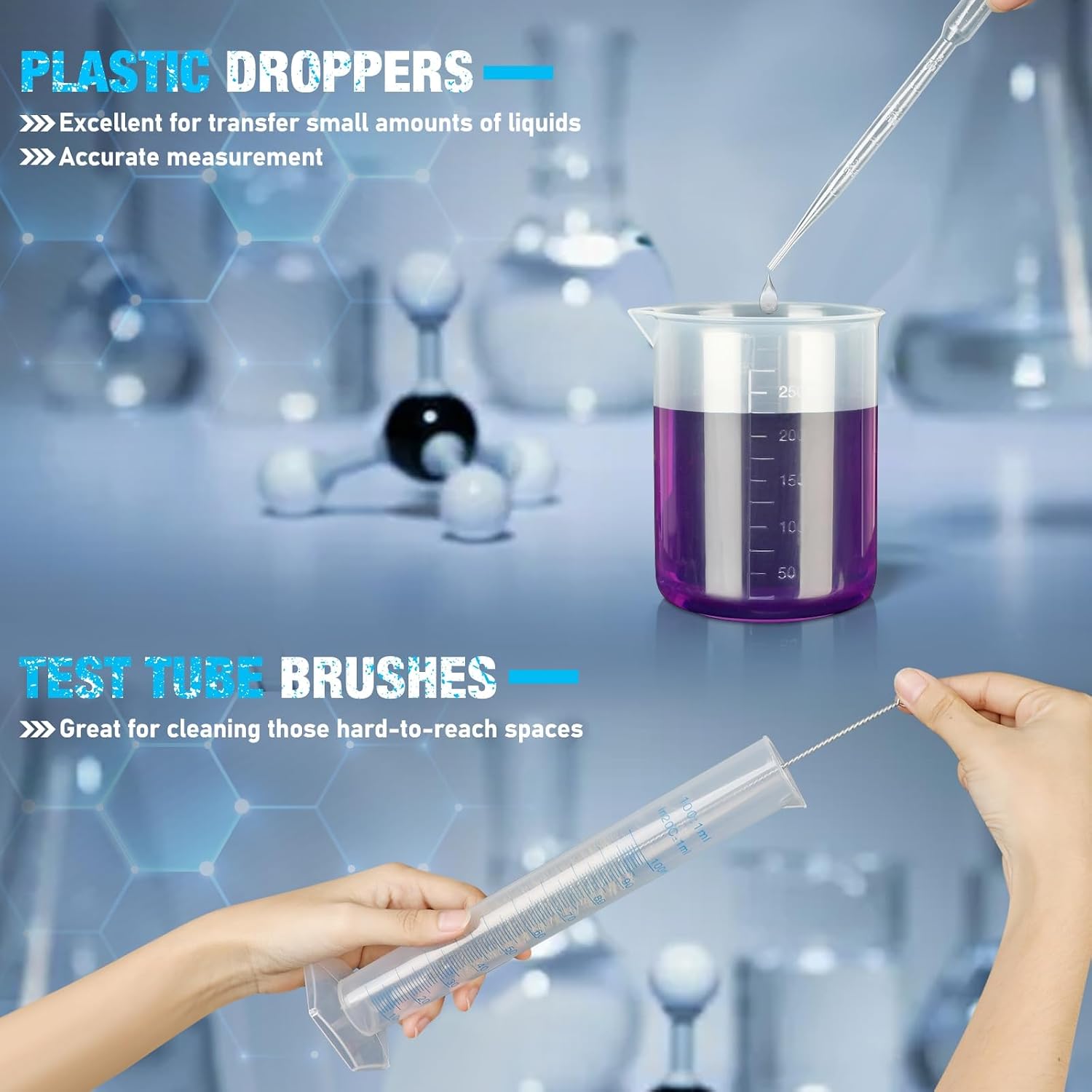 Plastic Graduated Cylinders and Beakers with 5 Pipettes, 10ml 25ml 50ml 100ml Cylinders, 50ml 100ml 250ml 500ml