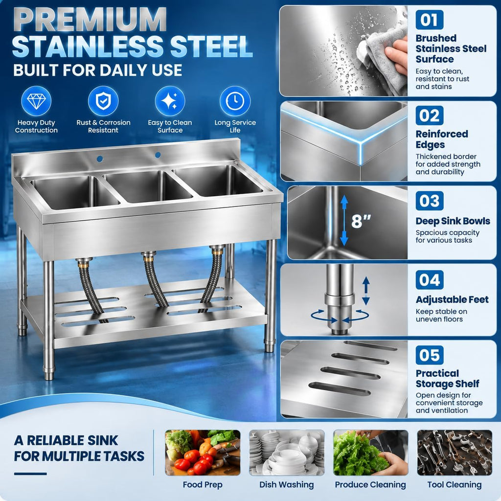 3 Compartment Utility Sink, 39 x 19 x 33 Inch Stainless Steel