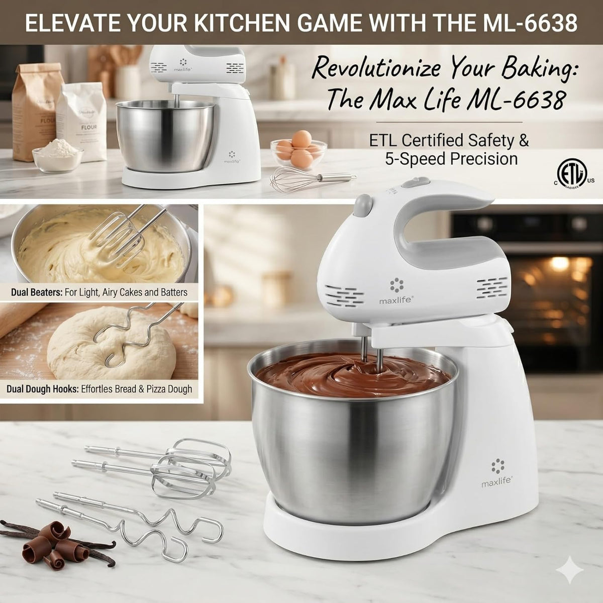 3.2 Quarts Stand Mixer - 5-Speed Electric Powerful Stand Mixer, White, with Stainless Steel Bowl, Dough Hooks, Beaters