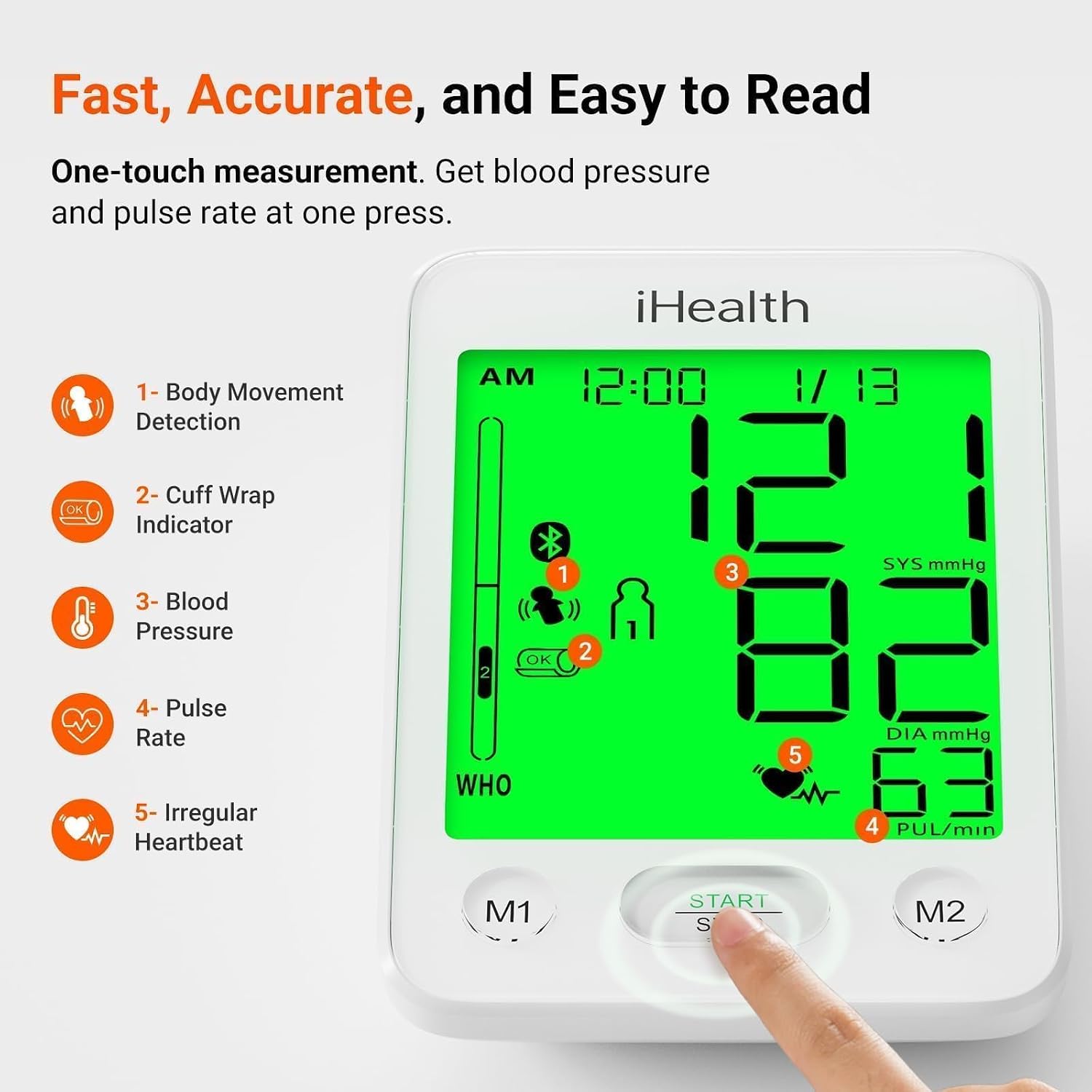 Accu Luminate Blood Pressure Monitor – 4.5" Tri-Color WHO-Based LCD(White), Clinically Accurate, Irregular Heartbeat