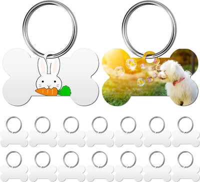 16 Pieces Sublimation Blank Dog Tags Aluminum Bone Shaped Pet Name ID Tags Double Sided with 16 Pieces Key Rings for