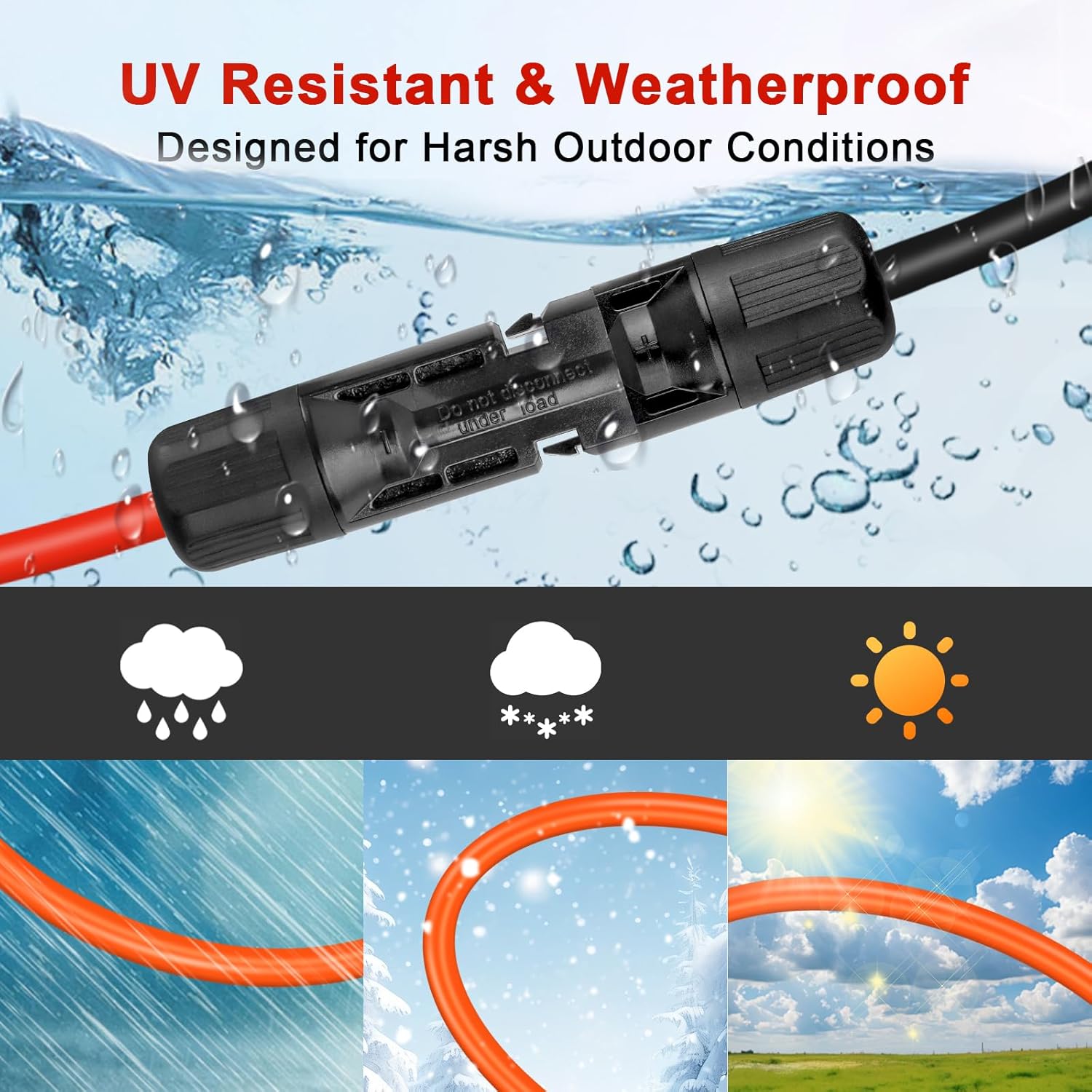 Solar Extension Cable 10FT, 14AWG Tinned Copper with Solar Panel Connectors, 10AWG Red & Black Branch Wires, Heavy