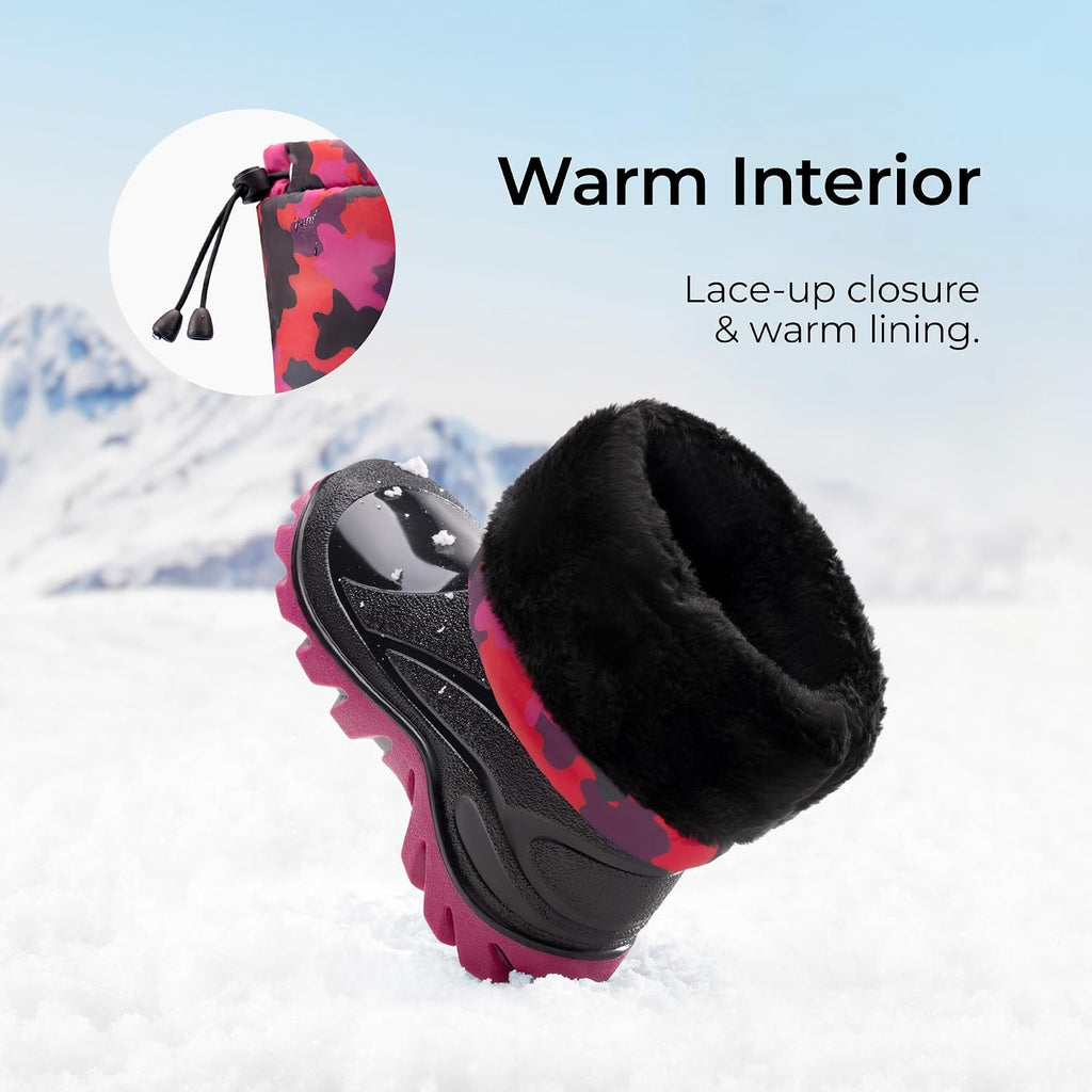 Boys Snow Waterproof Winter Boots | Warm Faux Fur Lined Outdoor Secure Grip Anti Slip Outsole Easy Wear Windproof Mid