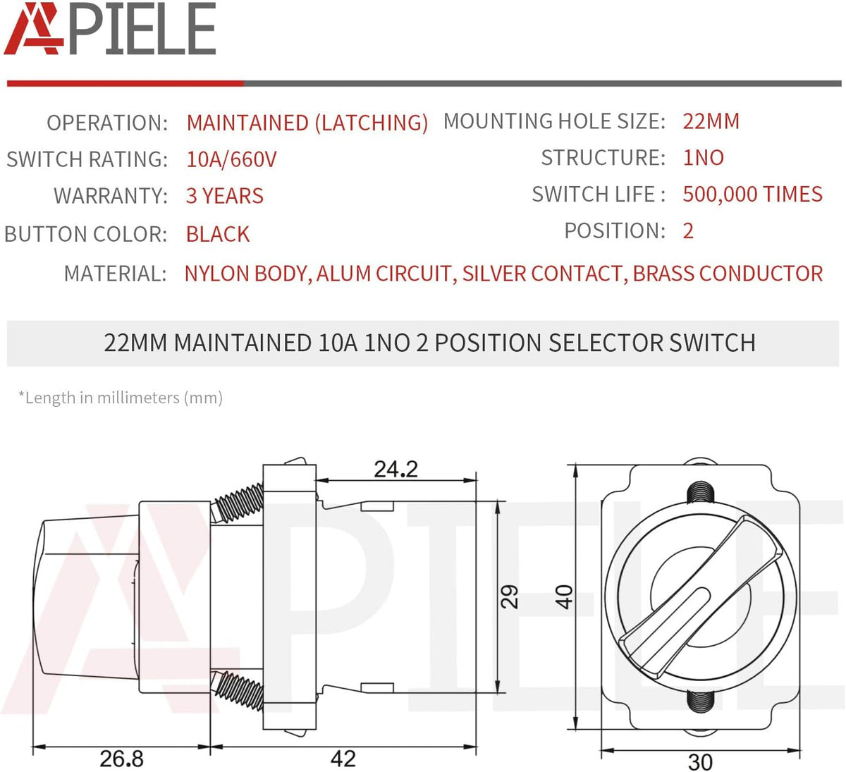 APIELE (Pack of 2) 22mm 2 Position Selector Switch Maintained 1NO XB2-10X/21 (2 Position Maintained)