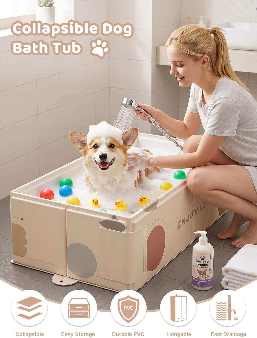 Collapsible Dog Bath Tub for Small Dogs & Cats, Portable Puppy Tub with Side Drain Outlet, Hanging Tab, Foldable