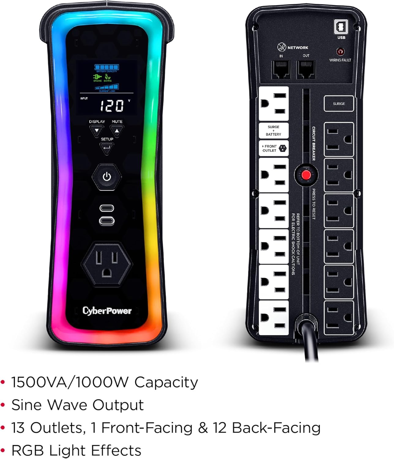 GX150C2-E Gaming UPS Battery Backup and Surge Protector | 1500VA/1000W, RGB Lighting, 13 Outlets, USB‑C Charging, UL