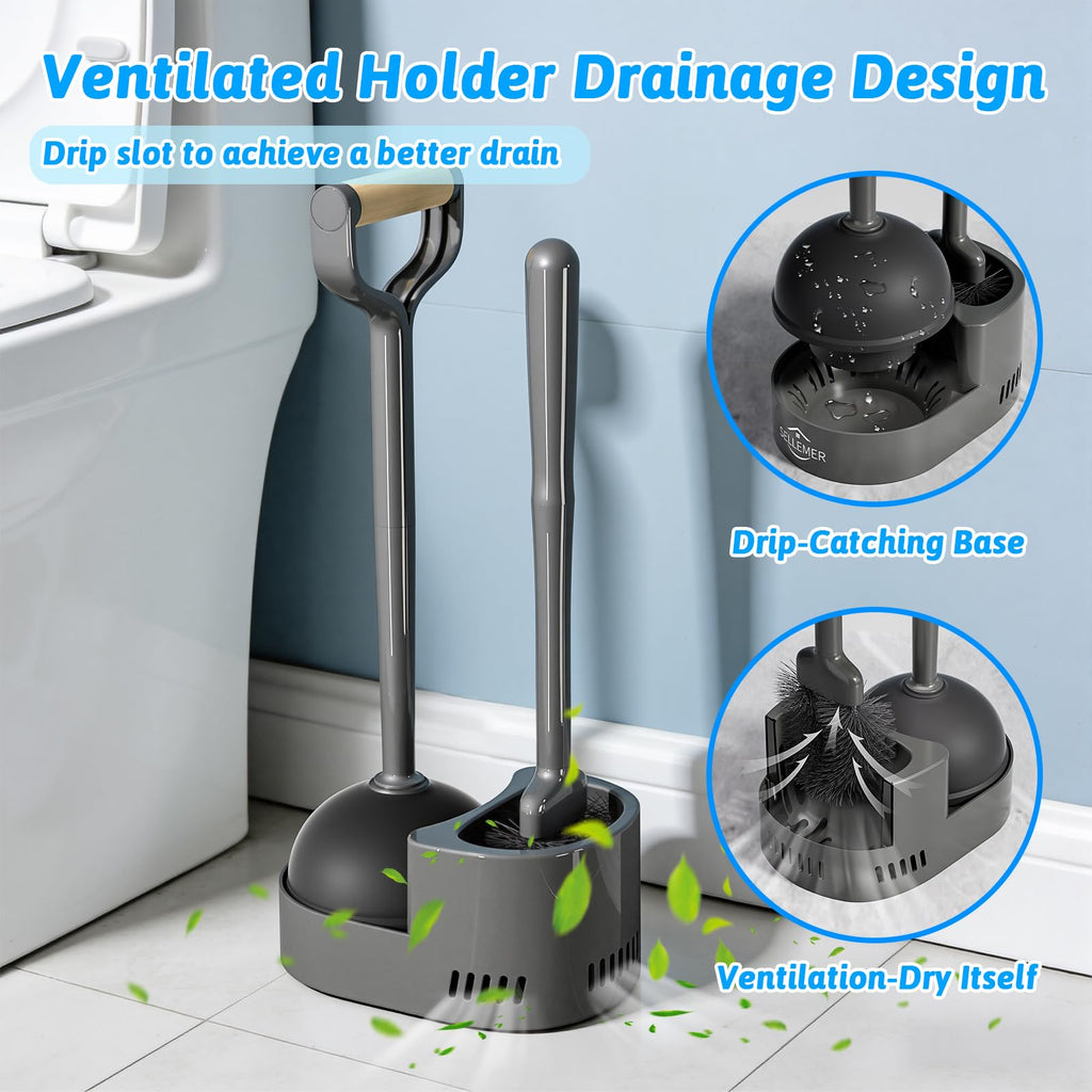 Toilet Brush and Plunger Set, Curved Head Deep Clean, Grey 2 Pack