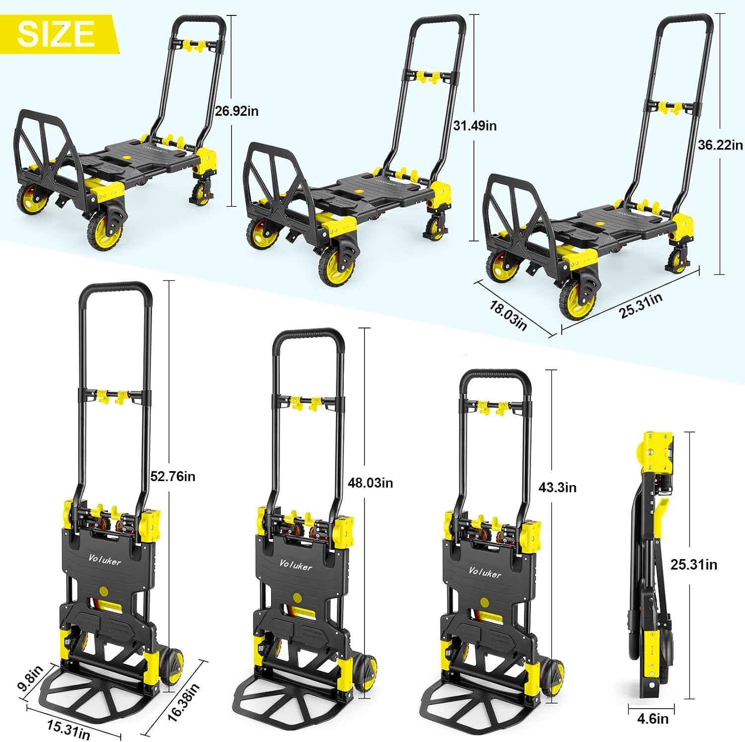 2-in-1 Foldable Hand Truck Dolly,330lb Cart Retractable,4& 2 Wheel,Yellow | Aluminum alloy,5in flat-free rubber