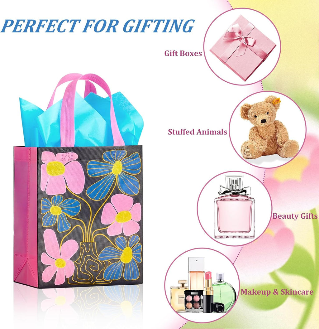 12 Pack 10" Floral Non-Woven Gift Bags with Tissue Paper