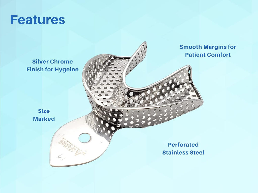 Dental Impression Trays - Set of 10 Perforated Stainless Steel Trays (XS, S, M, L, XL) - Durable, Rounded Margins