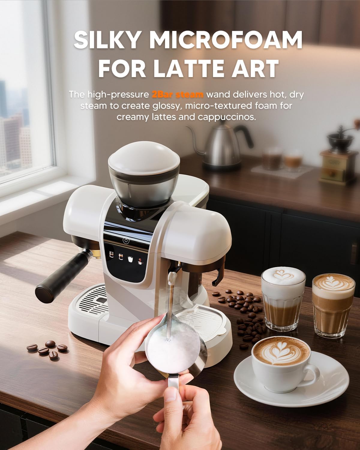 Semi-Automatic Espresso Machine with Grinder & Steam Wand,White | 20-Bar,11 grind settings,NTC&PID control,Compact