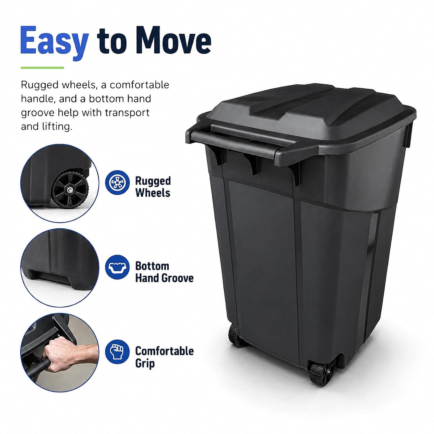 32 Gallon Outdoor Trash Can with Wheels, Heavy Duty Garbage Bin for Patio | Rugged Polypropylene Material, Click Lock