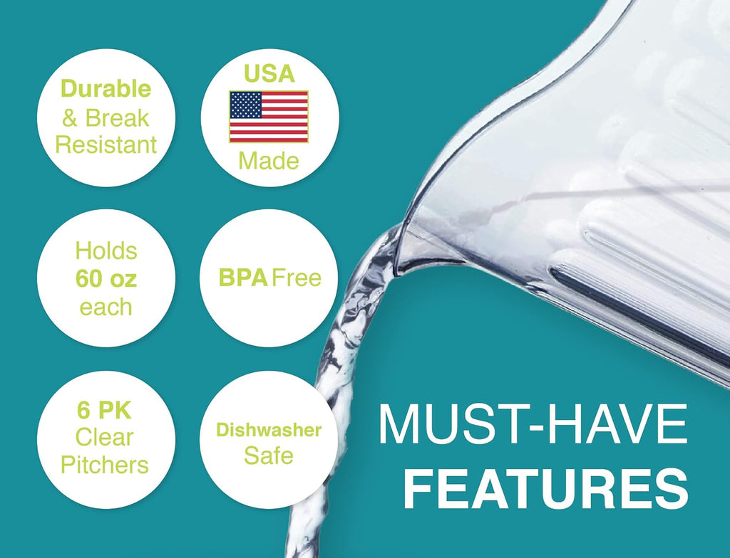 Arrow Clear Plastic Pitcher, 60 oz - 6 pk - Stackable Space-Saving Design - Dishwasher Safe - Ideal for Water, Beer &