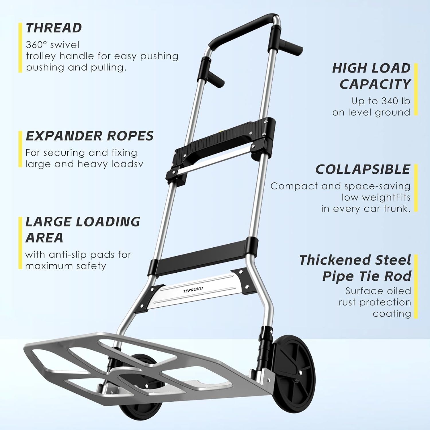 Folding Hand Truck Dolly Cart,340LB Capacity Portable Aluminum Dolly Cart with Telescoping Handle and 7 Inch Rubber