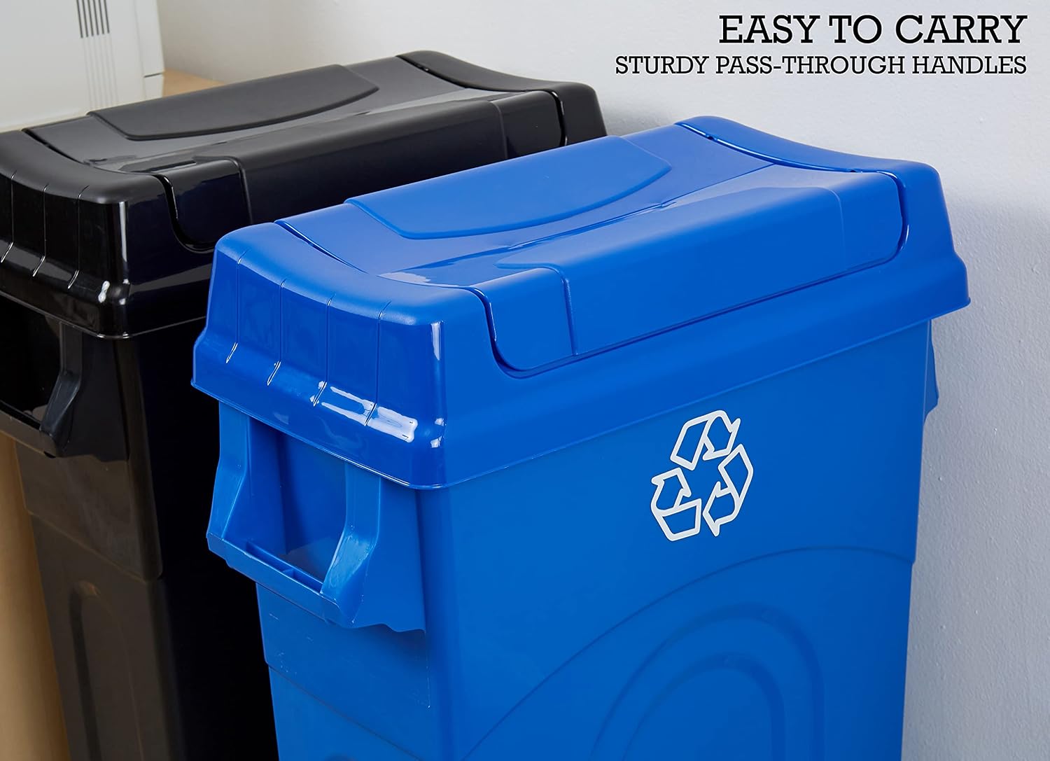 23 Gallon Highboy Plastic Recycling Bin Kitchen Trash Can with Lid, Pass Through Handles, and Dustpan Edge, Blue