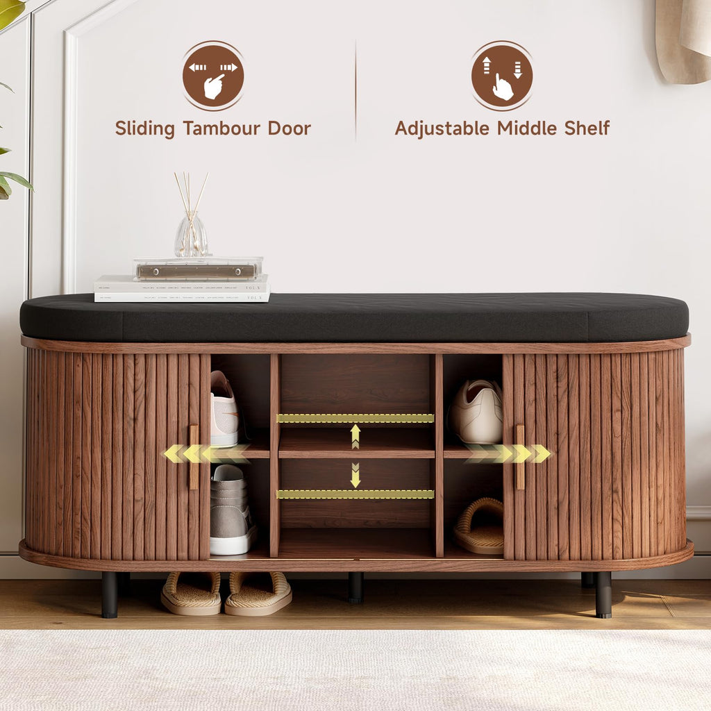 43" Shoe Bench with Storage, Fluted Shoe Storage Bench, Walnut