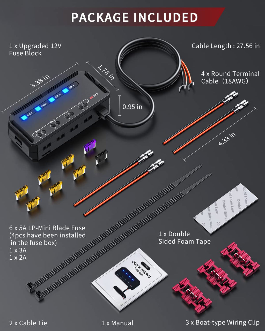 12V Fuse Block, Universal 20A Motorcycle Automotive Fuse Block Fuse and Relay Box Kit with 4 Circuits Low Profile