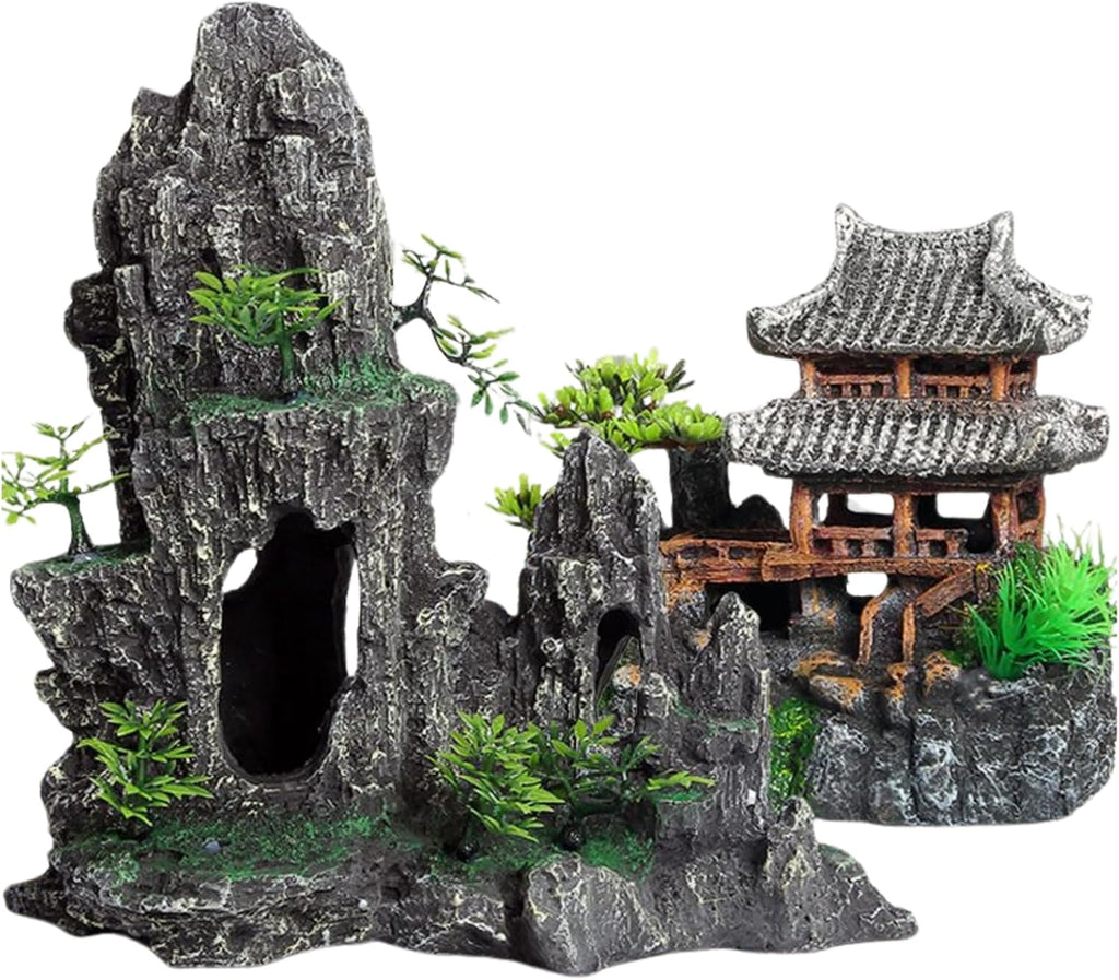 Extra Large Aquarium Decorations, Resin Castle and Artificial Rock with Plants (Ancient Temple with Mountain) Fish