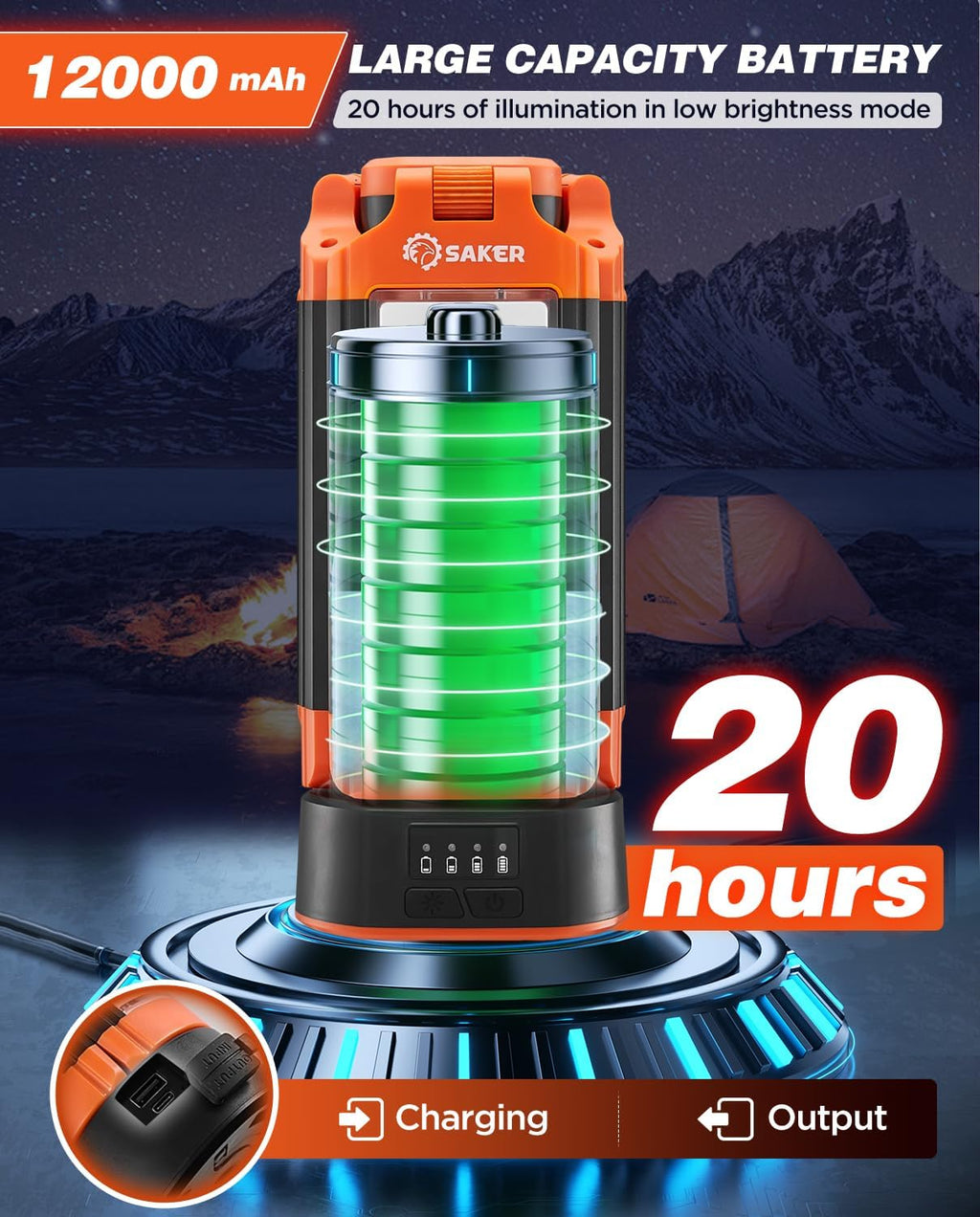 Portable Camping Light with Stand 12000mAh 73.2" Work Light LD10 | 3200 Lumen,with Bag, Adjustable