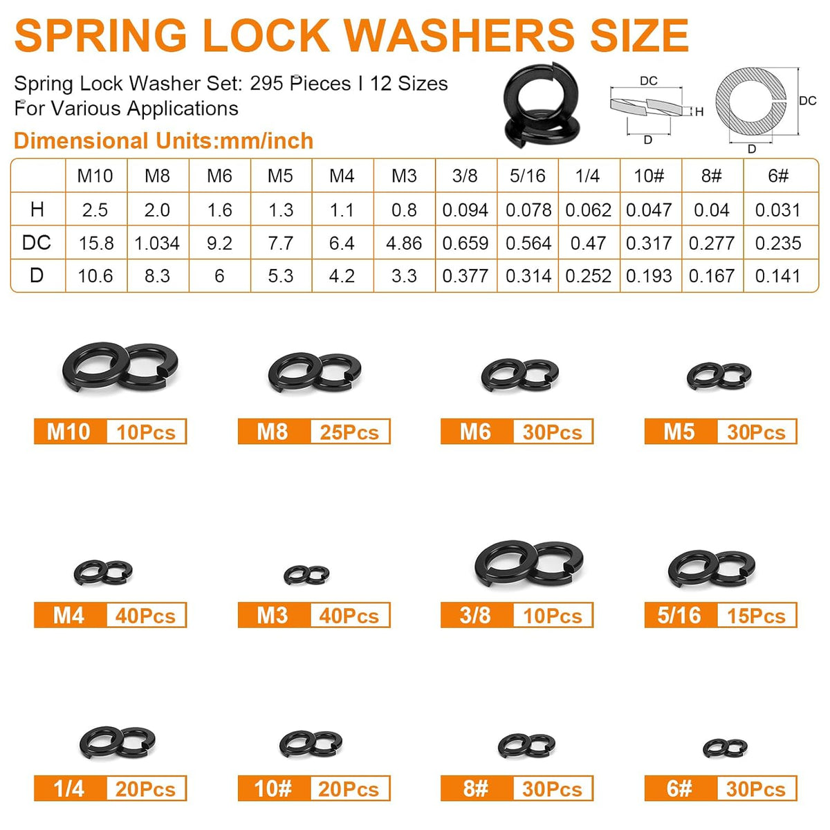 295Pcs Metric & SAE Spring Lock Washer Kit, 304 SS M3-M10 6#-3/8