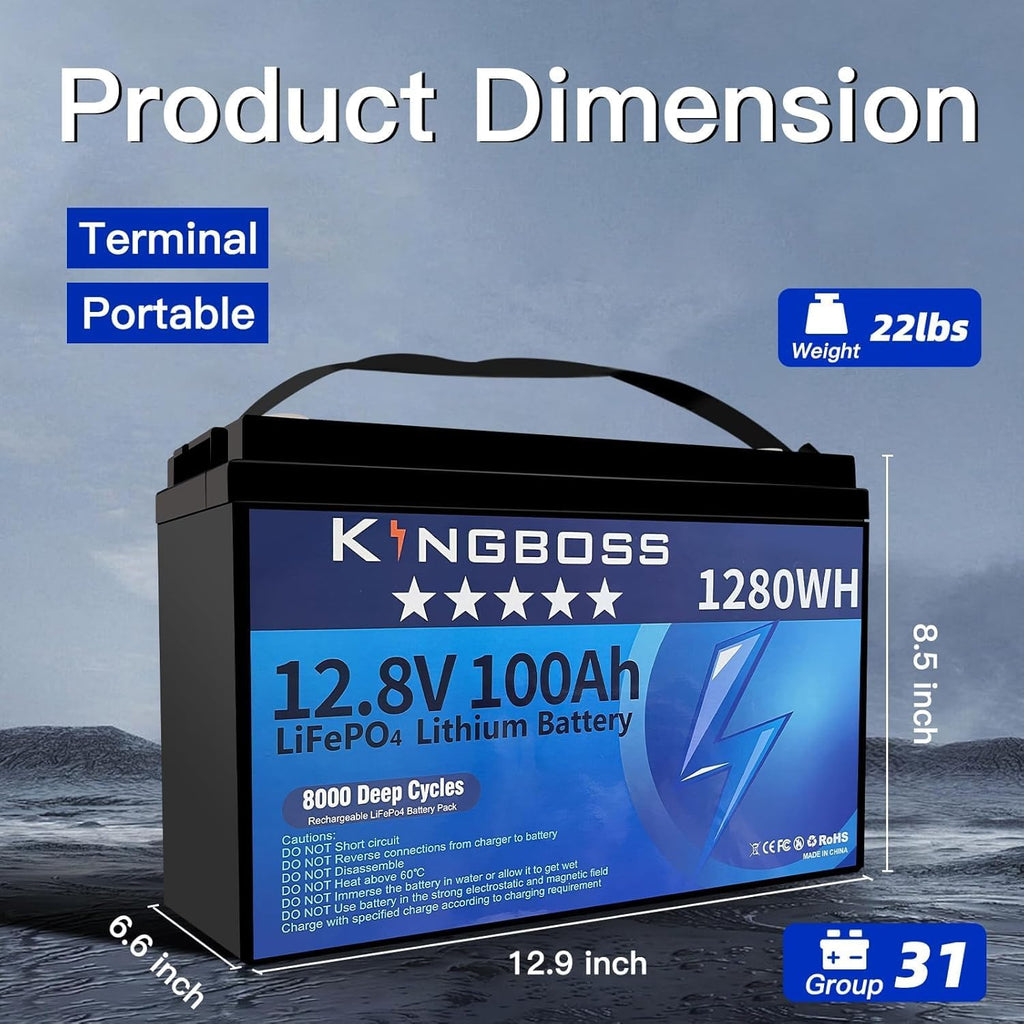 12V 100Ah LiFePO4, Lithium Battery 15000 Deep Cycles Lithium Iron Phosphate Battery with 100A Smart BMS Rechargeable