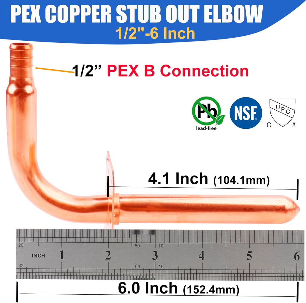 WHK 10 Packs 1/2"x 6"Copper PEX-B,C Stub Out Elbow with Wall Flange