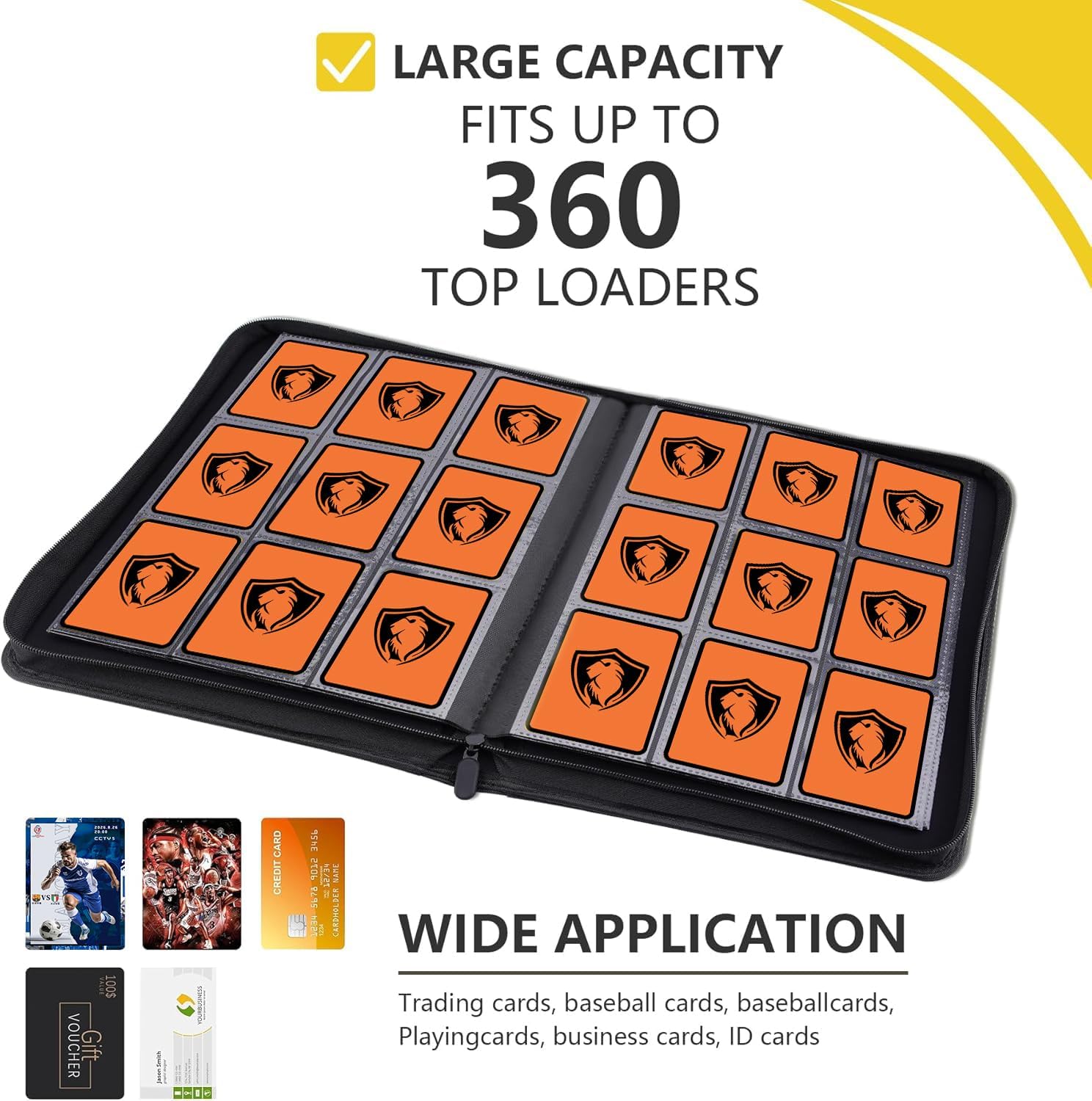Trading Card Binder 9 Pocket, 360 Pockets Trading Card Holder Book, Premium PU Cover Zip Folder Binder, Side Loading