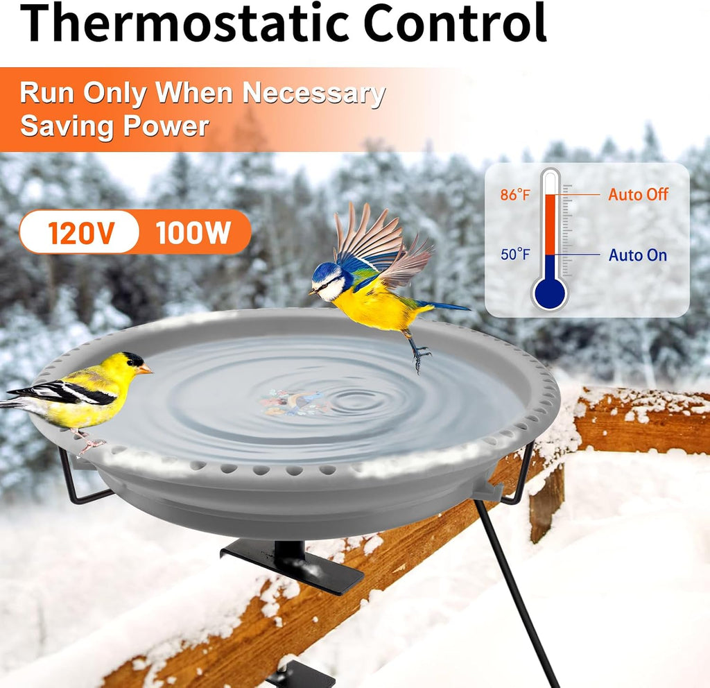 100W Heated Bird Baths for Outdoors, Heated Birdbath for Deck Railing, Grey