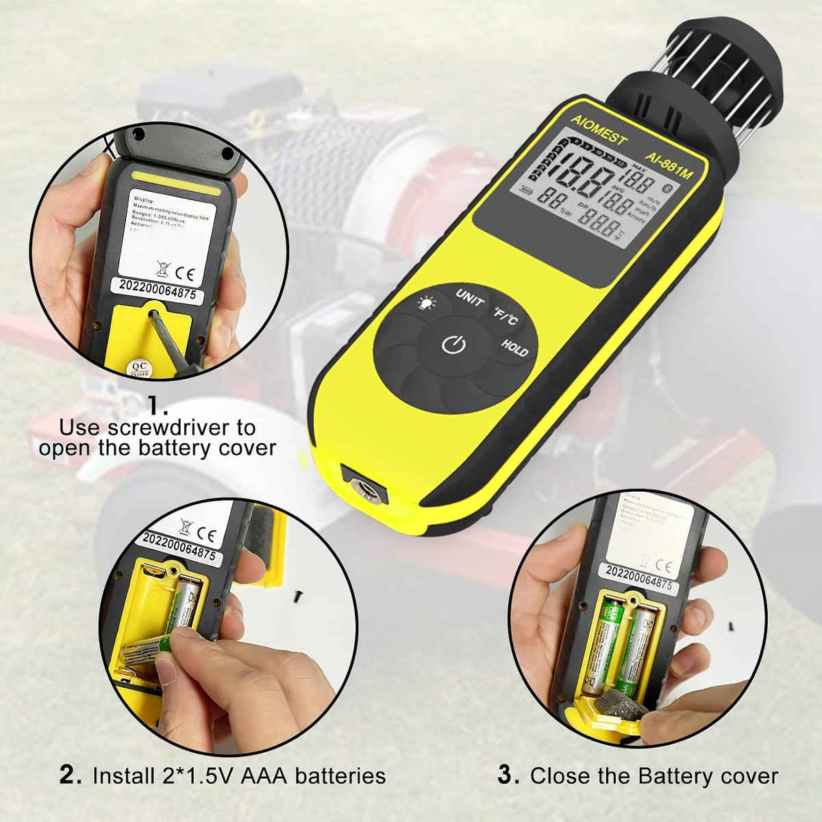 Handheld Anemometer Wind Cup 93MPH, AIOMEST 881M Air Flow Speed Meter Gauge