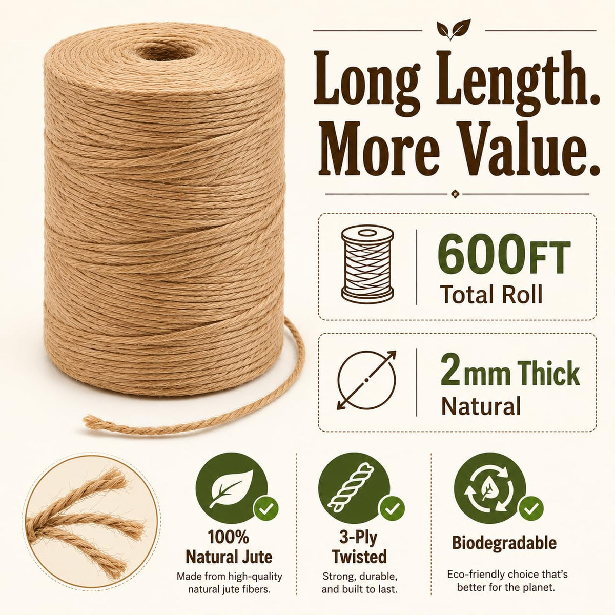 2mm 164FT, 600FT, 1200FT, 1800FT Natural Jute Twine String, 2 Pack of 600FT